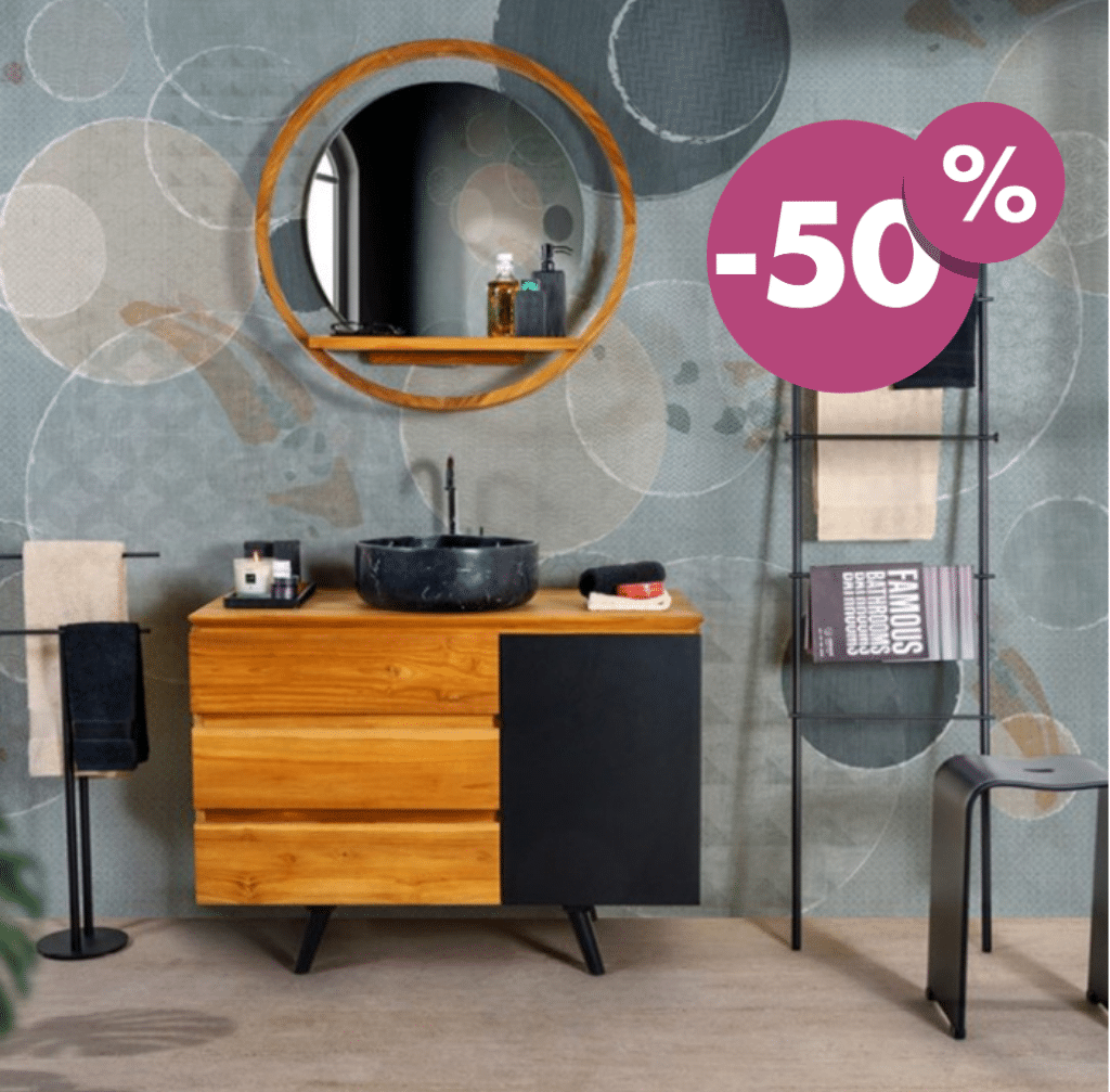 promotion moins 50% sur un meuble de salle de bain en bois avec quatre tiroirs