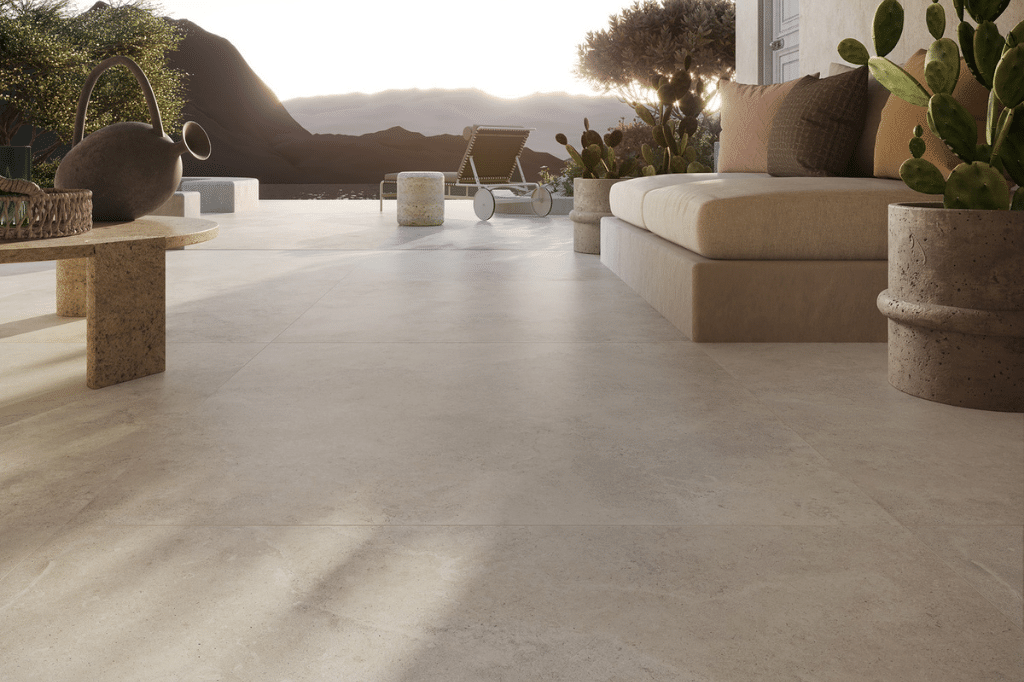 terrasse avec vu mer avec gros plan sur le carrelage Cotto d'Este