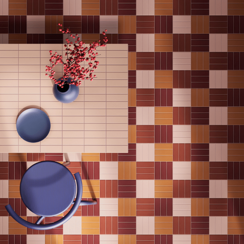 une vue du ciel d'un espace salle à manger design avec un carrelage Quintessenza Färgblock