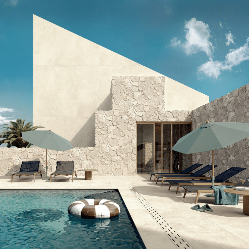 maison d'architecte avec une piscine et un carrelage piscine grand format