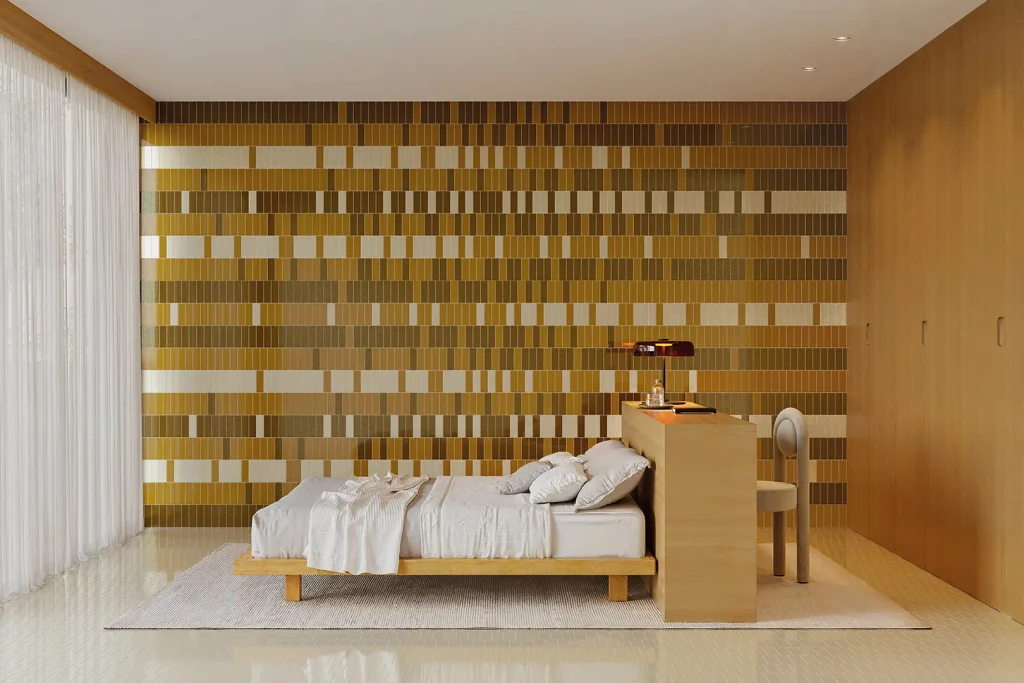 une chambre design avec un carrelage wow au mur