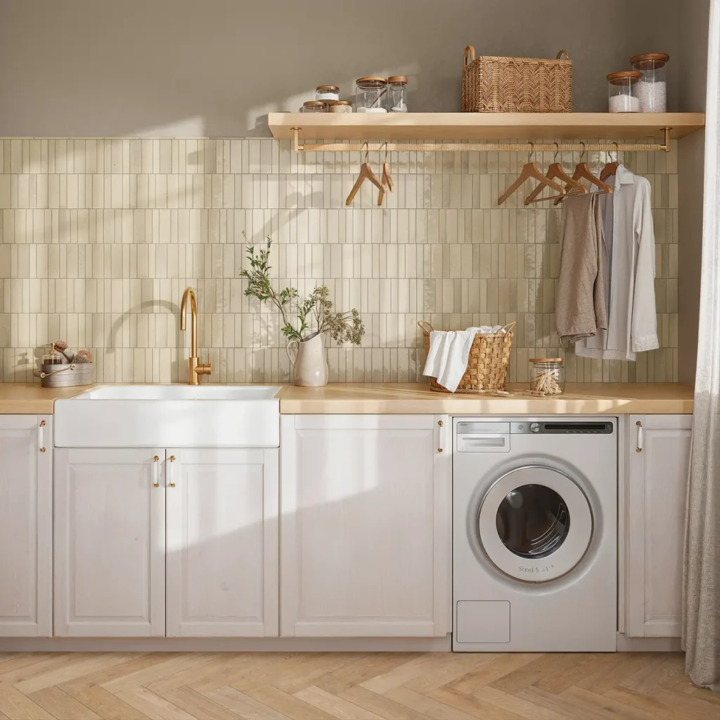 une cuisine avec un carrelage wow beige